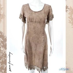 ANN FERRIDAY Brown Lace Trim Tie Back Waist Dress